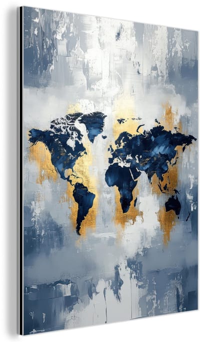 Aluminium schilderij 90x120 cm - Wanddecoratie metaal - Wereldkaart - Blauw - Abstract - Metalen muurdecoratie woonkamer - Decoratie industrieel - Foto op dibond - Industriële accessoires slaapkamer