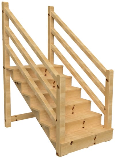 Vrijstaande buitentrap met trapleuning hout beide zijden - palen ronde kop - H 6-treden 105cm B 120cm