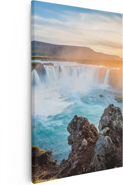 Artaza Canvas Schilderij Landschap IJsland - 20x30 cm - Klein - Wanddecoratie Waterval - Muurdecoratie Zon - Schilderijen Op Canvas Natuur