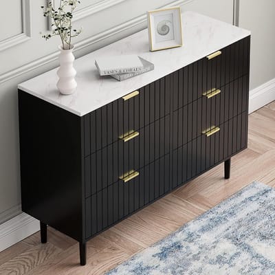 UEV Slaapkamer Ladekast met 6 Laden, Marmeren Plafond, Opbergmeubel, Slaapkamer/Woonkamer 100 x 34 x 73 cm, Opbergladekast, Scandinavisch, Zwart (Marmeren Plafond)