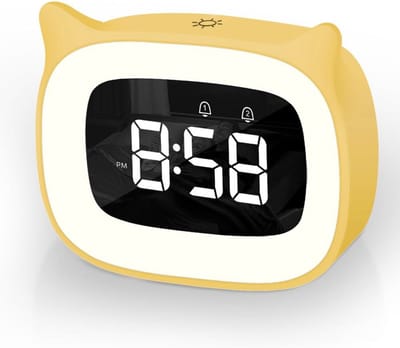 Digitale Kinderwekker - Nachtlamp Klok - Wakker Worden - Schattige Kat Vorm - 1200 mAh Batterij - Geel