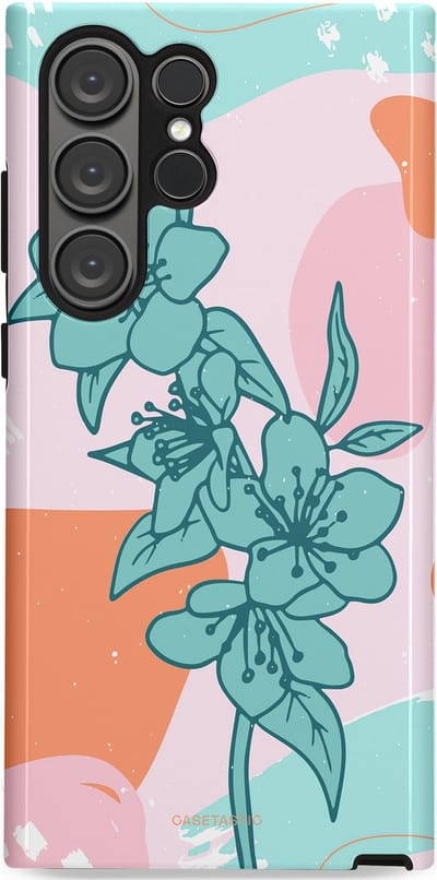 Casetastic hoesje geschikt voor Samsung Galaxy S23 Ultra - Dubbellaagse bescherming - Roze Oranje Turqoise Bloemen Modern - Fashion Case - Wit Mintgroen Perzik Lichtroze