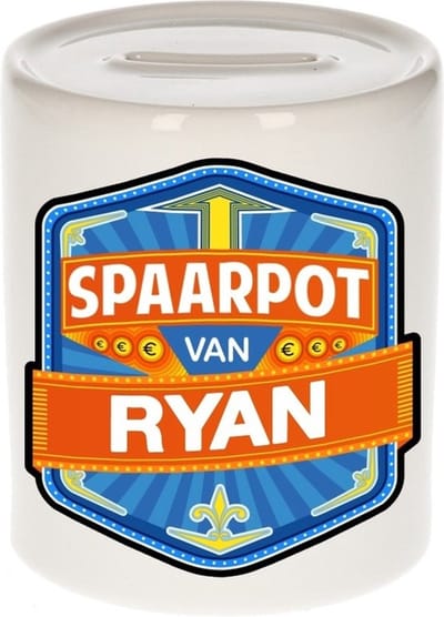 Bellatio Decorations Kinder spaarpot met naam - Ryan - keramiek - met dop - wit - Sparen - Spaargeld van Ryan