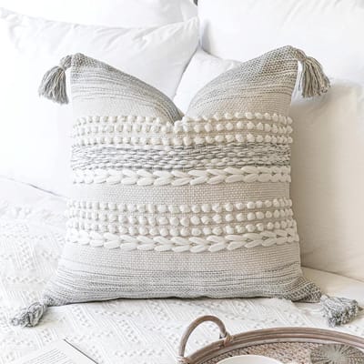 BlissBlush Decoratieve kussenhoes, Boho-accentkussen voor bank, vierkant, modern, boerderijstijl kussenhoes voor woonkamer, bank, sofa, huisdecoratie, grijs, 1 stuk