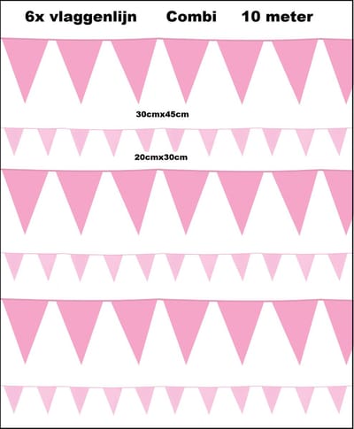 6x Combi vlaggenlijn roze - 3x Vlaggenlijn roze XL 30cm x 45cm 10 meter + 3x Vlaggenlijn roze 20cm x 30cm 10 meter