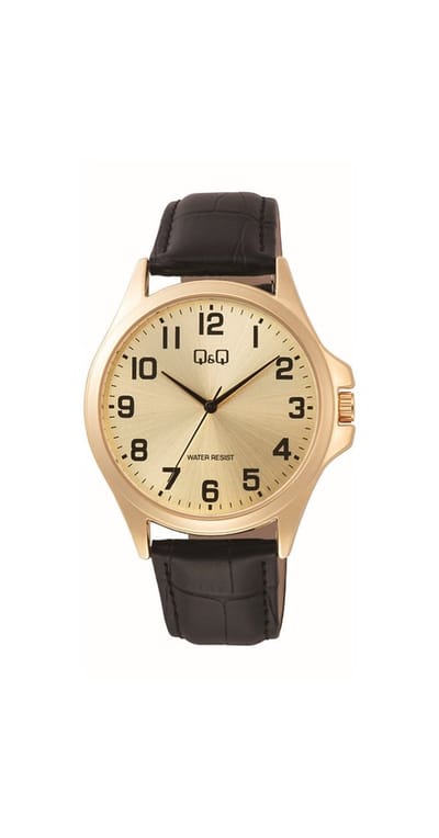 Q&Q C36A-011PY - Horloge - Analoog - Mannen - Heren - Leren band - Rond - Metaal - Cijfers - Zwart - Goudkleurig