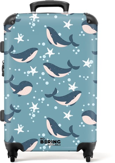 NoBoringSuitcases.com - Grote koffer - Walvissen met zeesterren patroon blauw - Kinderkoffer geschikt voor jongen en meisjes - Reiskoffer met 4 wielen - Trolley op wieltjes - Rolkoffer groot kinderen - 72 liter - Ruimbagage valies 20kg