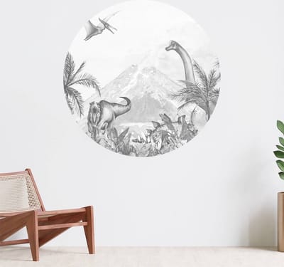 Muurcirkel zelfklevend behang - Dino's in zwart-wit - Wanddecoratie - 080cm behangcirkel - Ronde sticker voor aan de muur - Behangsticker verkrijgbaar in verschillende formaten