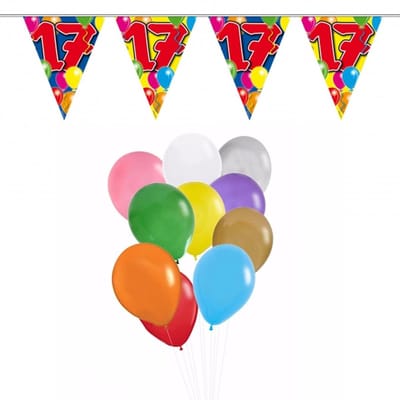 Folat - Verjaardag 17 jaar feest thema set - 50x ballonnen - 2x leeftijd print vlaggenlijnen