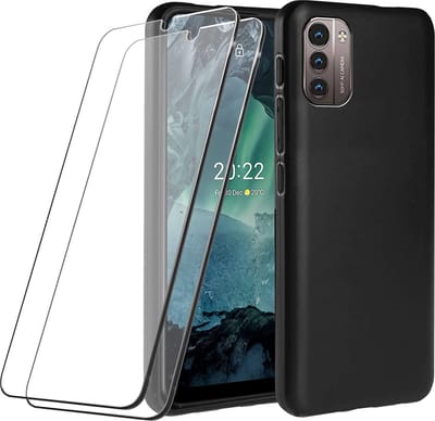 HB Hoesje en Glas Geschikt voor Nokia G11 & G21 Zwart - Siliconen Back Cover + 2x Glazen Screenprotector