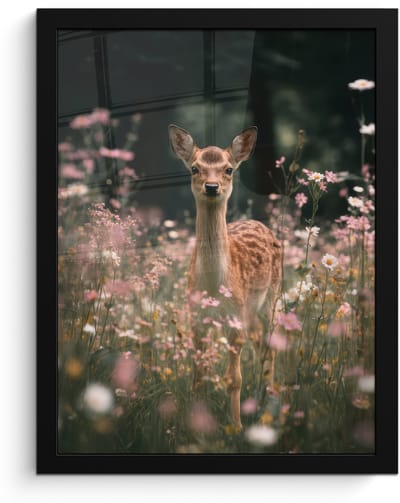Poster in lijst - Fotolijst 30x40 cm - Posters - Hert - Wilde bloemen - Bos - Posterlijst zwart - Decoratie - Wanddecoratie woonkamer - Muurdecoratie slaapkamer