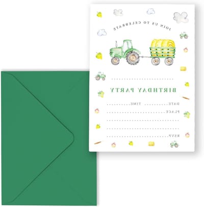 Gedrukte Uitnodigingen - Verjaardagskaarten Boerderij - Kinderfeestje Organiseren - Tractor Boerderij Thema - 10 stuks - Groen