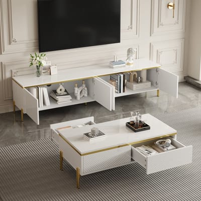 Modern luxe tv-meubel en salontafel set - effen hoogglans oppervlak - gouden randen - grote opbergruimte - wit