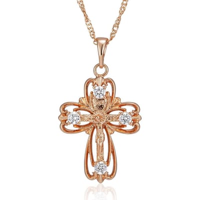 Collier Pendentif Croix d'Église Orthodoxe Couleur Or Rose Pour Femmes Accessoires en Zircon Naturel Crucifix Bijoux Jésus beige