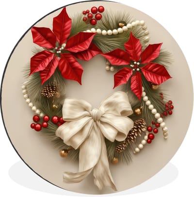 WallCircle - Wandcirkel - Muurcirkel - Deurkrans - Strik - Kerst - Rood - Groen - Aluminium - Dibond - 30x30 cm - Binnen en Buiten