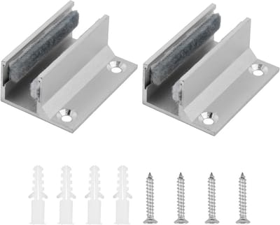 Glazen schuifdeuren set met vloergeleider, glasklemmen en steun voor glazen planken, ideaal voor moderne interieurs