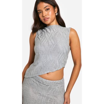 boohoo Dames Petite High Neck Getextureerde Top | Zilvergrijs | Maat: 42