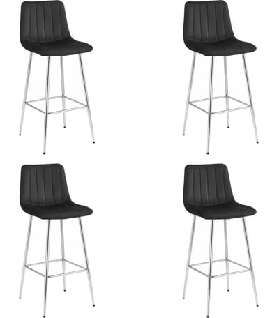 Set van 4 Barkrukken POZZA - Zwart Fluweel - Zilveren Metalen Poten - Moderne Barkruk met Rugleuning
