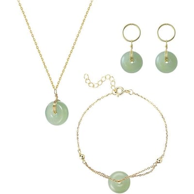 Ronde Groene Steen Hanger Bruiloft Sieradenset Vintage Goudkleurige Ketting + Armband + Oorbellen Voor Vrouwen Meisje Cadeau Handgemaakte Sieraden beige