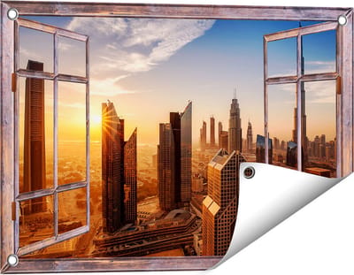 Gards Tuinposter Doorkijk Dubai Stad bij Zonsopgang - 60x40 cm - Tuindoek - Tuindecoratie - Wanddecoratie buiten - Tuinschilderij