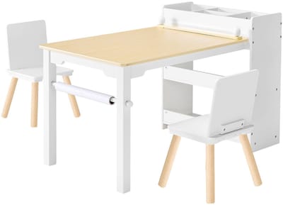 Kindertafel en stoelen met opbergruimte, houten activiteitenbureau voor peuters met kast met 3 planken, speelbureau om te tekenen, schrijven, lezen en leren, inclusief 2 stoelen, wit