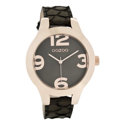 OOZOO Timepieces - Rosé goudkleurige horloge met zwarte leren band - C7599