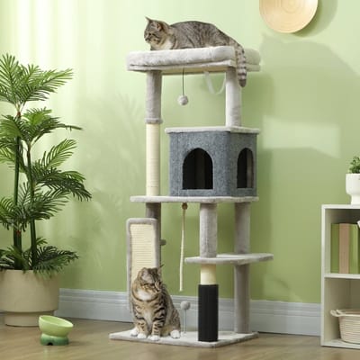 Wishdor - Krabpaal - Met Kattenhuis En Ligplek - Modern - Voor Binnen - Polyester En Sisal - Lichtgrijs - 55 X 44 X 132 Cm