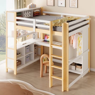Hoogslaper 140x200 cm - met boekenplank - opbergvak - bureau - kledingkast - zonder matras - houtkleur