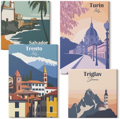 Wallfluent Set van canvas schilderijen - Bergen en retro-architectuur kleurrijke illustraties Canvas Schilderijen Set - Set van 4 Canvas Schilderijen - Veelkleurig Set van Canvas Prints - Steden Canvas Kunst Set - Boheemse Canvas Kunst Set