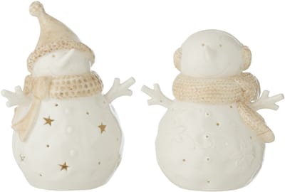 J-Line figuur Sneeuwpop - keramiek - wit/beige - large - 2 stuks - LED