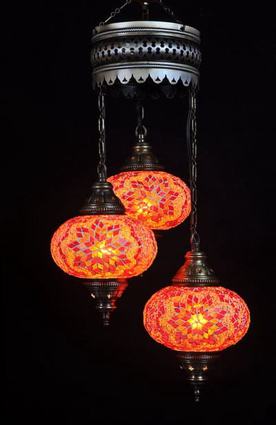 Turkse hanglamp oranje mozaiek - oosterse hanglamp met 3 bollen - hoogte 80 cm - handgemaakt en uniek