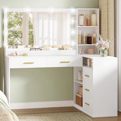 Hoek Kaptafel - Make-up Tafel - Sieraden Opbergen - Grote Spiegel - 120 cm Breed - Wit
