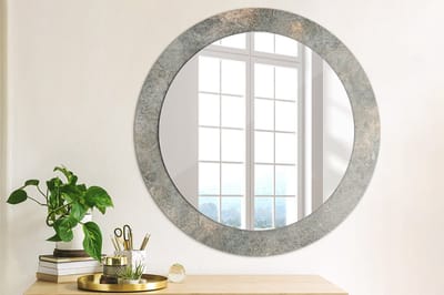 Wallfluent Bedrukte Ronde Spiegel - Ronde Wandspiegel Decoratieve Print Vintage Beton - 70 cm / 56 cm - Grijs - Grijs Ronde Spiegel Met Bedrukte Lijst - Inloopkastspiegel - Badkamerspiegel - Toiletspiegel - Montageset