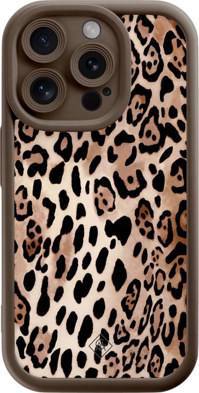 Casimoda® hoesje - Geschikt voor iPhone 15 Pro - Luipaard print bruin - Effen telefoonhoesje met lensbescherming - Siliconen/TPU - Backcover - Bruin/beige