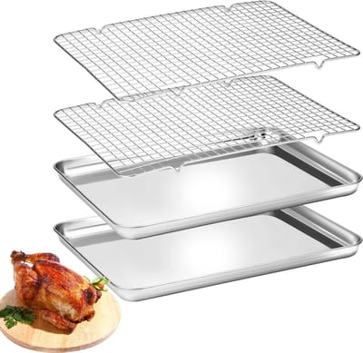 4-delige Bakset met 2 Grillplaten en 2 Koelrekken, Roestvrijstalen Ovenbakplaat, Geschikt voor Cake en Gebak, Vaatwasserbestendig en Makkelijk Schoon te Maken