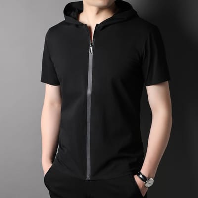 Nieuw Heren T-shirt met Korte Mouwen Heren Zomer Hooded Halve Mouwen Heren T-shirt Mode Merk Rits T-shirt Jeugd Onderhemd Korte Mouwen Heren XL black