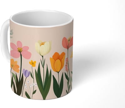 Mok - Koffiemok - Pasteltinten - Bloemen - Illustratie - Mokken - 350 ML - Beker - Koffiemokken - Theemok