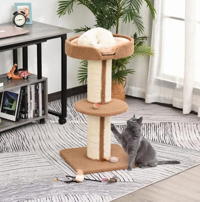MEUNIQ Krabpaal 91 cm met sisalstammen, zitplatforms en afneembaar kussen, meerlaagse kattenkrabboom voor krabben, klimmen en rusten, lichtbruin