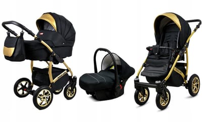 BabyLux® Kinderwagen 3in1 – GOLDLUX - ONYX GOLD FRAME - Opklapbare Wandelwagen incl. Reiswieg, Multifunctionele Buggy Sportstoel, Autostoel - Combi-kinderwagen met Luiertas, Regenhoes, Klamboe, Bekerhouder, etc.