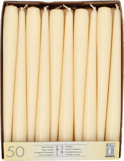 Conpax Candles Dinerkaarsen/kandelaar kaarsen Mega Pack - 50x stuks - creme wit - 25 cm - Tafelkaarsen