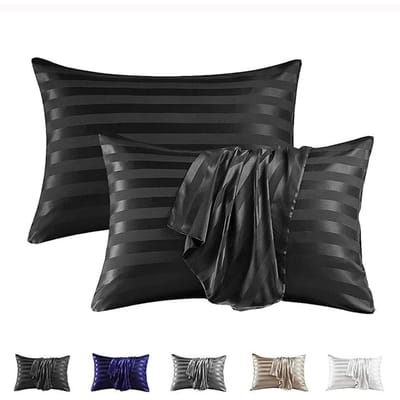 Housse d'oreiller rayures jacquard haut de gamme Queen Housse d'oreiller en soie artificielle de haute qualité King Size Taies d'oreiller maison Fermeture enveloppe 50x66cm (19x23in)2pc noir