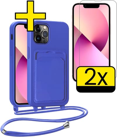 Hoesje Geschikt voor iPhone 13 Pro Telefoonhoesje Met Koord Case Pashouder Met 2x Screenprotector Siliconen - Hoes Geschikt voor iPhone 13 Pro Hoesje Met Kaarthouder - Felblauw