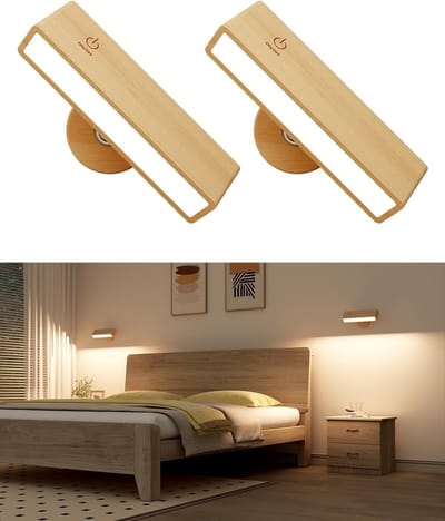 Wandlamp Binnen - Oplaadbaar - Wandlampen - Dimbare magnetische wandlamp - LED Wandlampen Draaibaar - voor slaapkamer,woonkamer - Wandgemonteerde leeslamp - 2-pack - Houten draadloze wandlamp