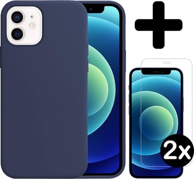 Hoesje - Met 2x Screenprotector - Geschikt voor Apple iPhone 12 - Sterk & Shockproof - Telefoon Hoes - Back Cover - Siliconen Case - Telefoonhoes - Donkerblauw