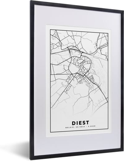 Fotolijst incl. Poster Zwart Wit- Kaart – Plattegrond – Stadskaart – Diest – België – Zwart Wit - 40x60 cm - Posterlijst