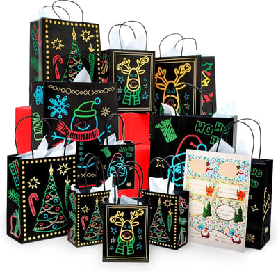 Glow-in-the-Dark Cadeauzakjes Kerstset - 22 Stuks in 3 Maten met Tissuepapier