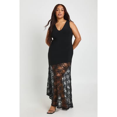 boohoo Dames Plus Plunge Kanten Zoom Maxi Jurk | Zwart | Maat: 56