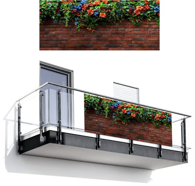 Balkonscherm 300x120 cm - Balkonposter Bloemen - Muur - Groen - Oranje - Balkon scherm decoratie - Balkonschermen - Balkondoek zonnescherm