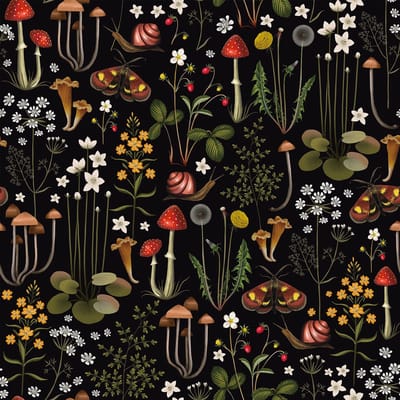Behang met paddenstoelen, bloemen, zwart, vintage, tropisch fotobehang, slak, vlinder, papier, zelfklevend, muur, jungle, bladeren, woonkamer, badkamer, 44,5 cm x 300 cm