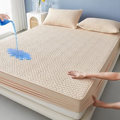 Matrashoes + 2 kussenslopen, TPU-laag voor waterdicht en ademend gebruik, geschikt voor matrassen tot 28 cm dik,Bloem - Khaki,200*200cm+kussensloop 48*74cm